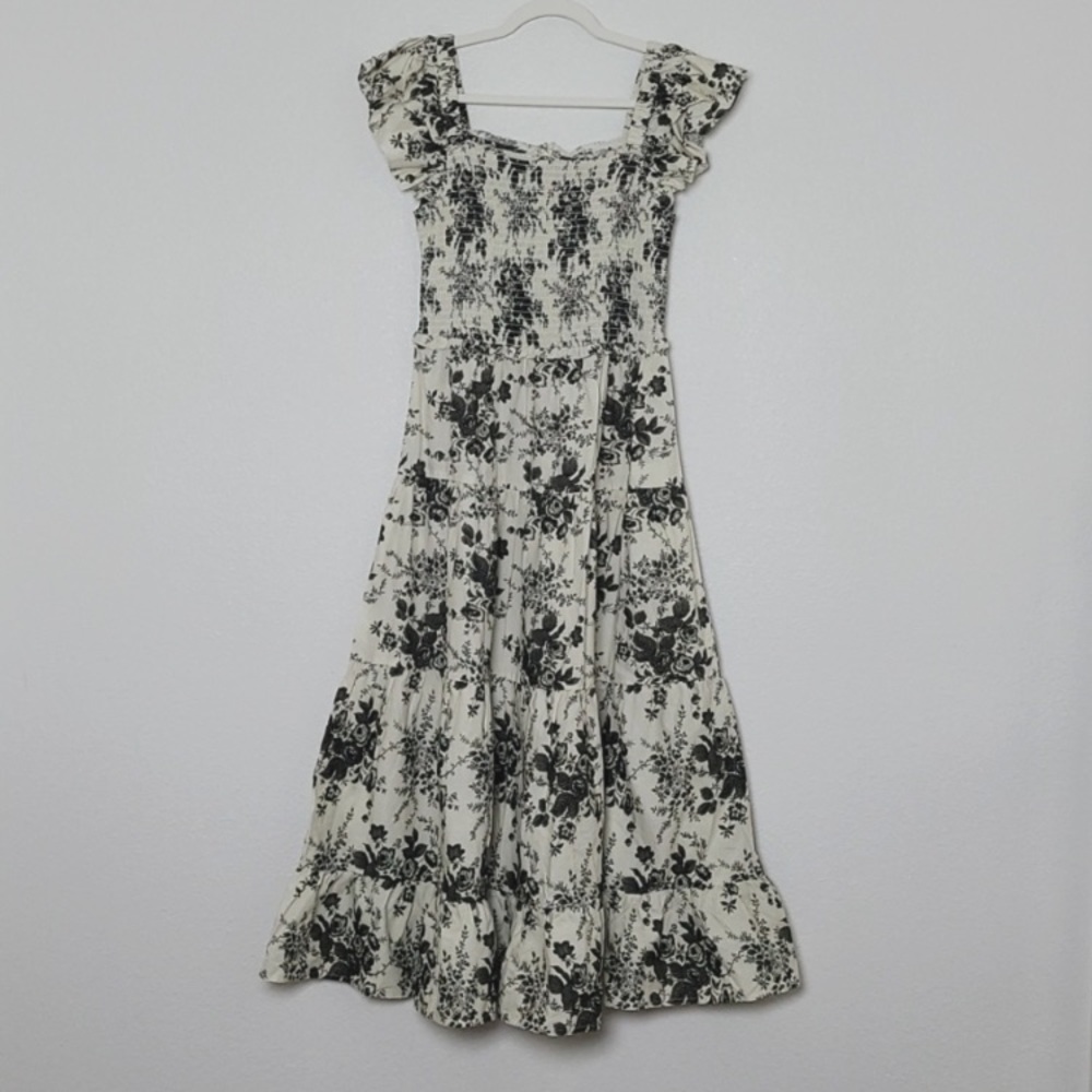 LINI Ophelia Smocked Flutter Sleeve Midi Dress Black Ivory Floral XS. Worn once - Picture 4 of 8